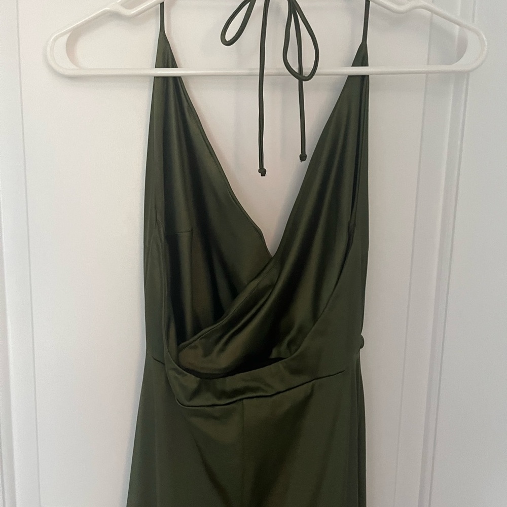 Forest green full slit satin prom dress
